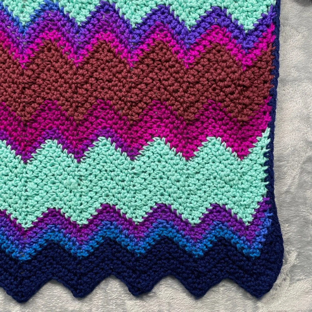 Crochet Chevron Blanket & Beanie Set Baby Toddler Warm Purple Teal Navy